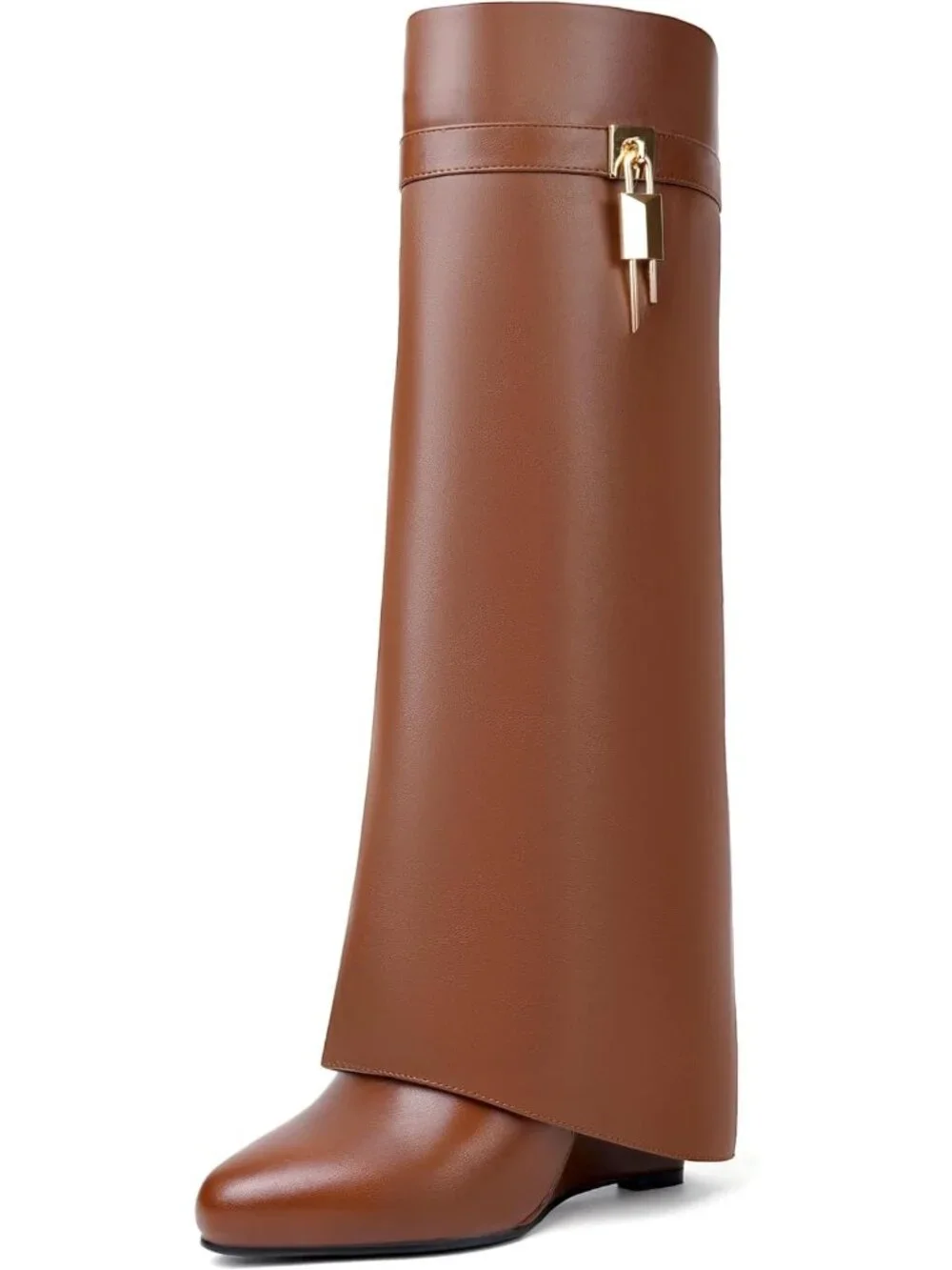 Women's Brown Pointed Toe Wedge Heel Side Zipper Knee High Shark Boots